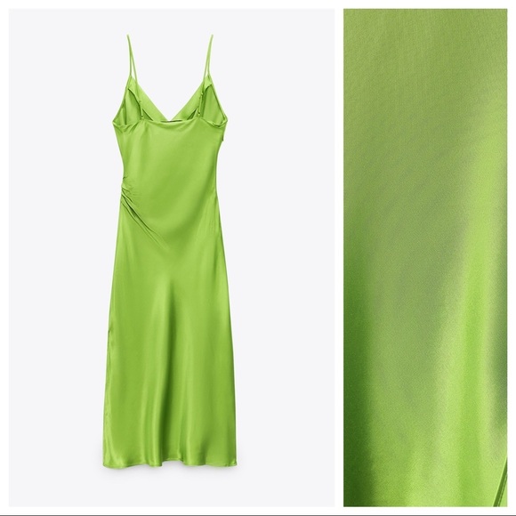 NWT. Zara Green Draped Lingerie-Style Flowy Mini Dress. Size S. - Picture 8 of 14